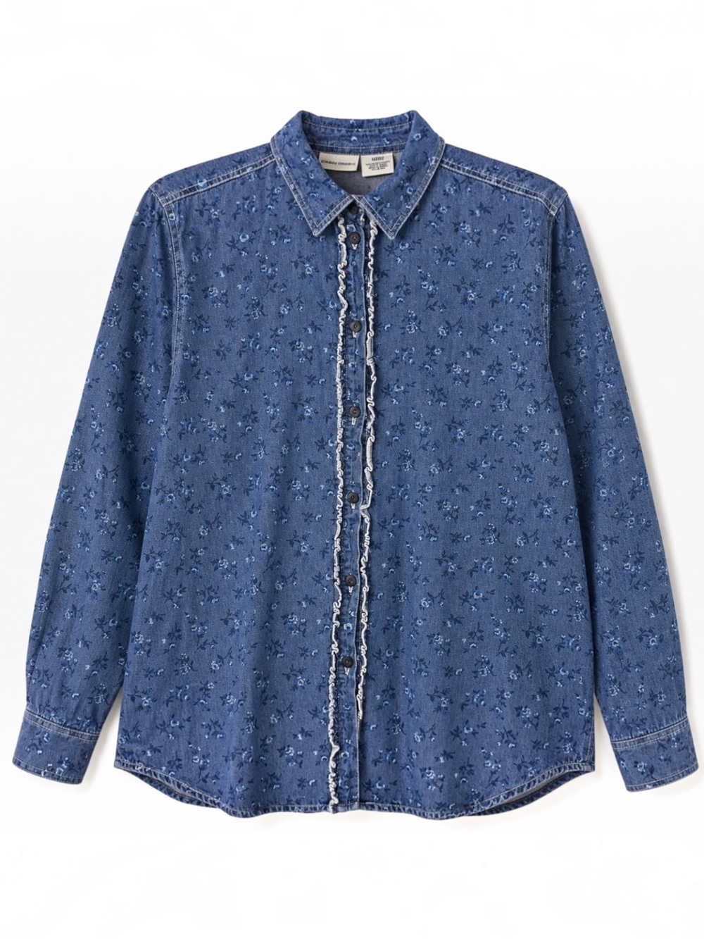 Vintage Cabin Creek Floral Chambray Ruffle Button Shirt L